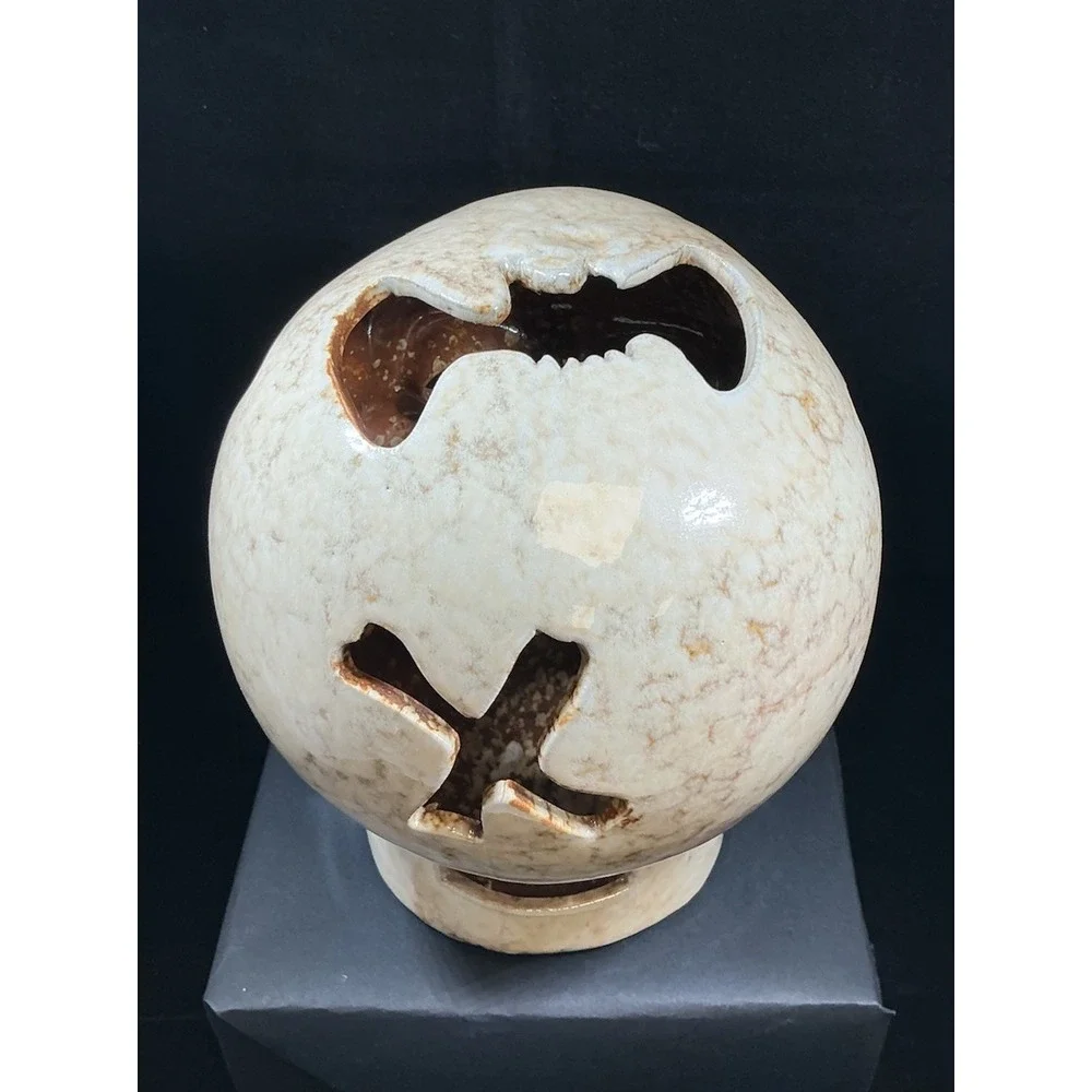 Ceramic Skull Candle Holder Halloween Decor Spider Bat Cutouts Mottled Glaze